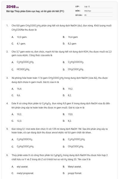 Bài tập Thủy phân Este cực hay, có lời giải chi tiết (P1)