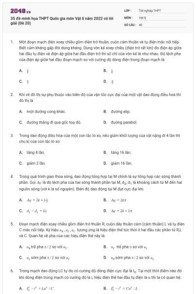 35 đề minh họa THPT Quốc gia môn Vật lí năm 2022 có lời giải (Đề 20)