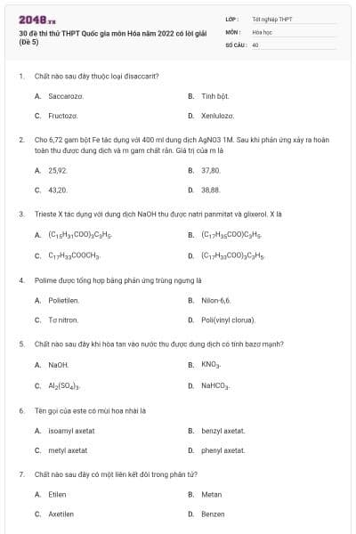 30 đề thi thử THPT Quốc gia môn Hóa năm 2022 có lời giải (Đề 5)