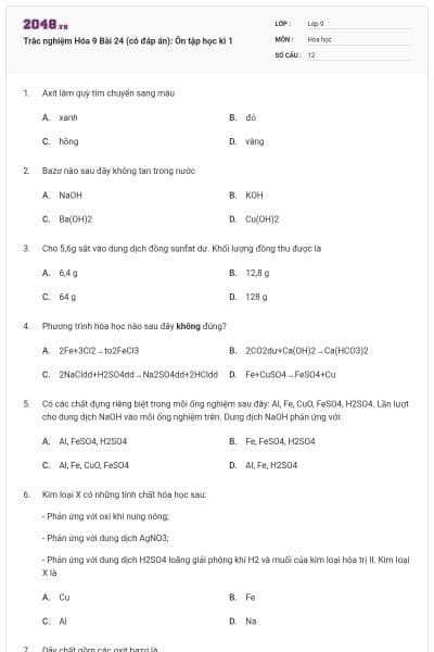 Trắc nghiệm Hóa 9 Bài 24 (có đáp án): Ôn tập học kì 1