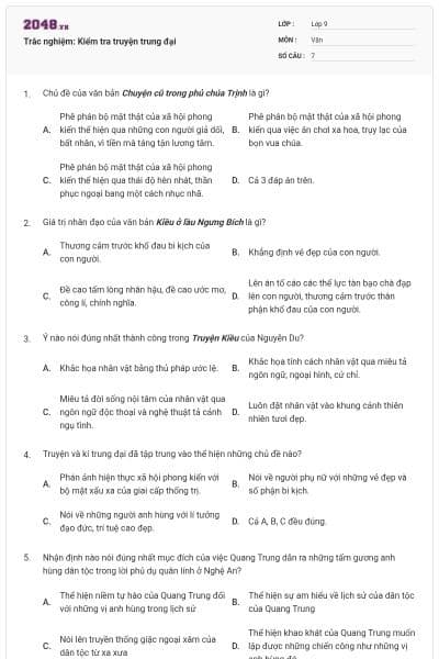 Trắc nghiệm: Kiểm tra truyện trung đại