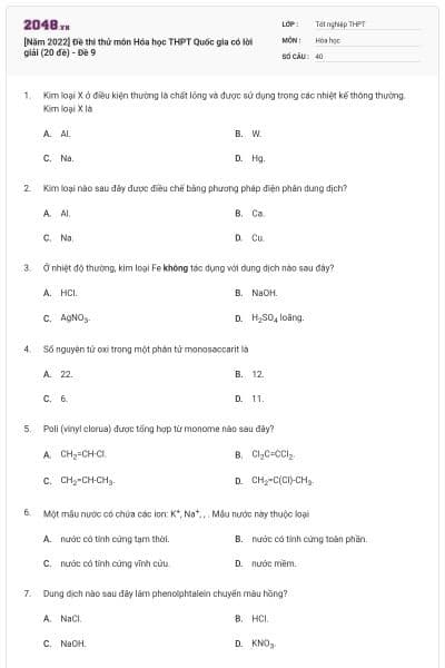 [Năm 2022] Đề thi thử môn Hóa học THPT Quốc gia có lời giải (20 đề) - Đề 9