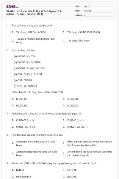 Đề kiểm tra 15 phút Hóa 11 Học kì 2 có đáp án (Trắc nghiệm - Tự luận - Bài số 2 - Đề 1)