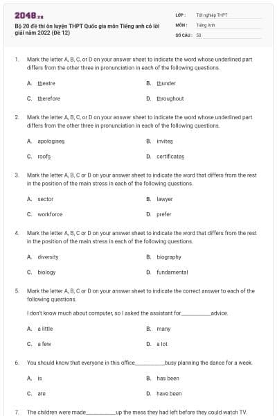 Bộ 20 đề thi ôn luyện THPT Quốc gia môn Tiếng anh có lời giải năm 2022 (Đề 12)