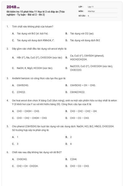 Đề kiểm tra 15 phút Hóa 11 Học kì 2 có đáp án (Trắc nghiệm - Tự luận - Bài số 2 - Đề 2)