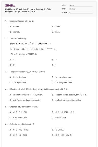 Đề kiểm tra 15 phút Hóa 11 Học kì 2 có đáp án (Trắc nghiệm - Tự luận - Bài số 2 - Đề 3)