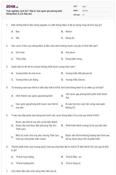 Trắc nghiệm Lịch Sử 7 Bài 6: Các quốc gia phong kiến Đông Nam Á (có đáp án)