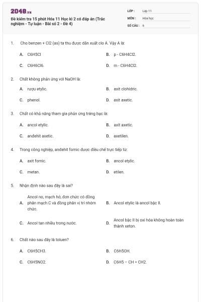 Đề kiểm tra 15 phút Hóa 11 Học kì 2 có đáp án (Trắc nghiệm - Tự luận - Bài số 2 - Đề 4)