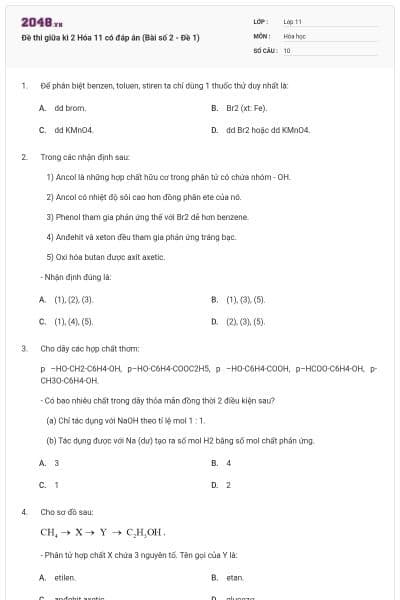 Đề thi giữa kì 2 Hóa 11 có đáp án (Bài số 2 - Đề 1)