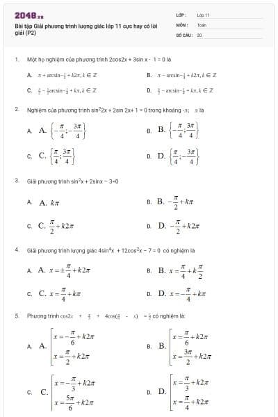 Bài tập Giải phương trình lượng giác lớp 11 cực hay có lời giải (P2)