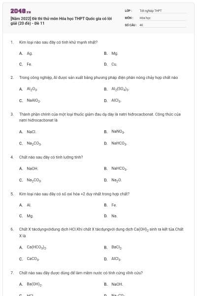 [Năm 2022] Đề thi thử môn Hóa học THPT Quốc gia có lời giải (20 đề) - Đề 11