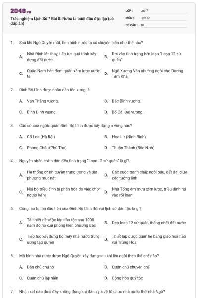 Trắc nghiệm Lịch Sử 7 Bài 8: Nước ta buổi đầu độc lập (có đáp án)