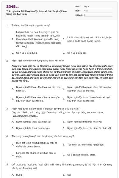 Trắc nghiệm: Đối thoại và độc thoại và độc thoại nội tâm trong văn bản tự sự