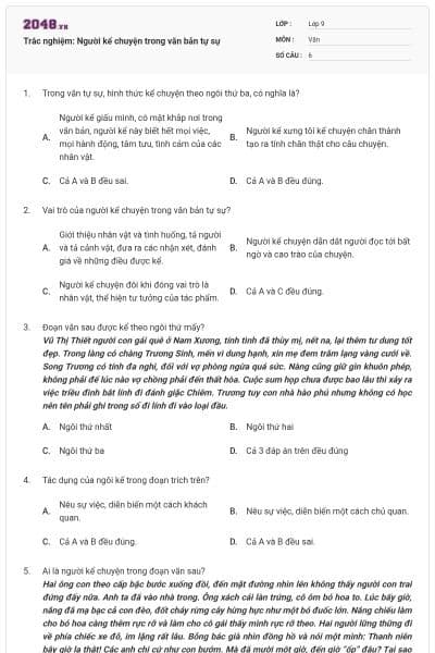 Trắc nghiệm: Người kể chuyện trong văn bản tự sự