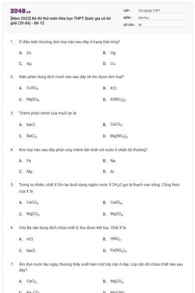[Năm 2022] Đề thi thử môn Hóa học THPT Quốc gia có lời giải (20 đề) - Đề 12