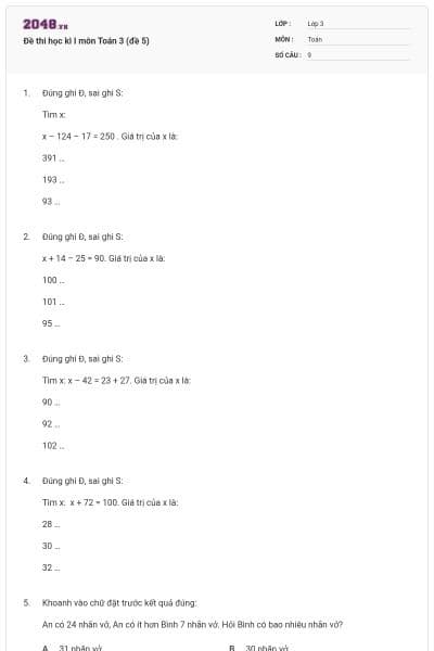 Đề thi học kì I môn Toán 3 (đề 5)