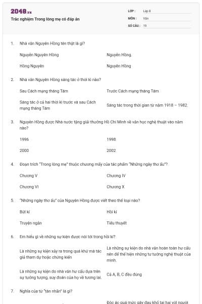 Trắc nghiệm Trong lòng mẹ có đáp án