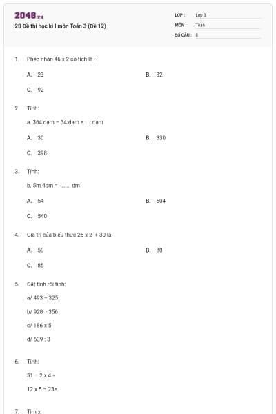 20 Đề thi học kì I môn Toán 3 (Đề 12)