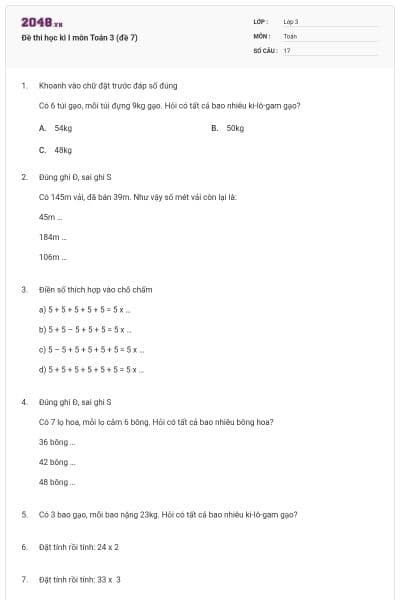 Đề thi học kì I môn Toán 3 (đề 7)