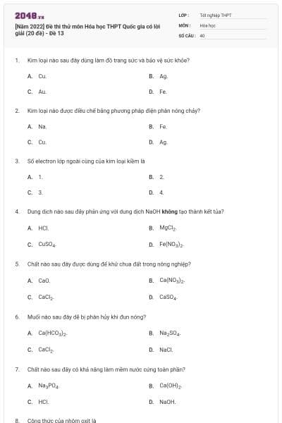 [Năm 2022] Đề thi thử môn Hóa học THPT Quốc gia có lời giải (20 đề) - Đề 13