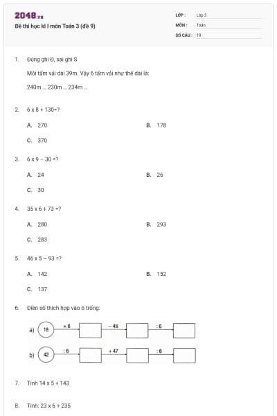 Đề thi học kì I môn Toán 3 (đề 9)