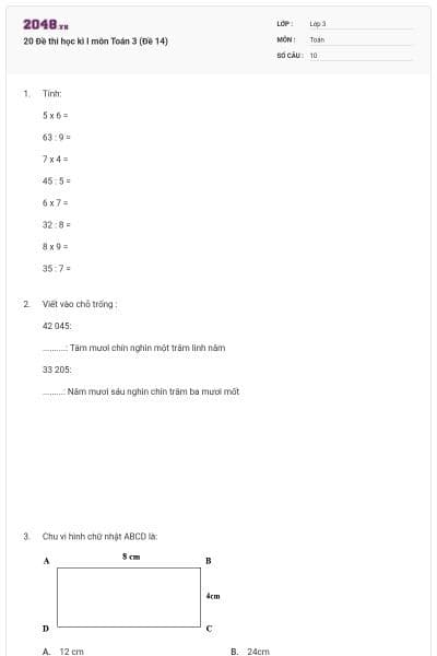20 Đề thi học kì I môn Toán 3 (Đề 14)