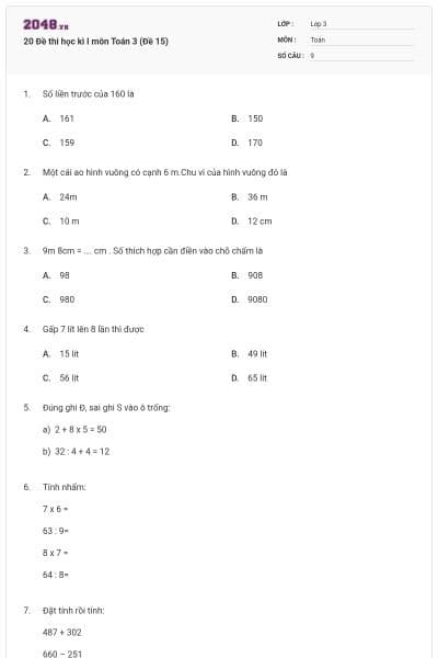 20 Đề thi học kì I môn Toán 3 (Đề 15)