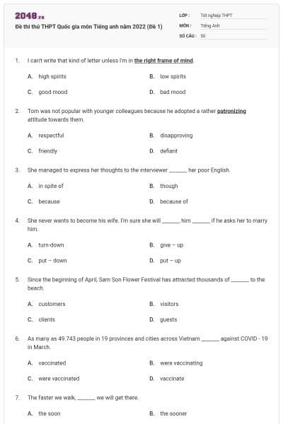 Đề thi thử THPT Quốc gia môn Tiếng anh năm 2022 (Đề 1)