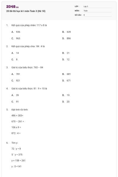 20 Đề thi học kì I môn Toán 3 (Đề 18)