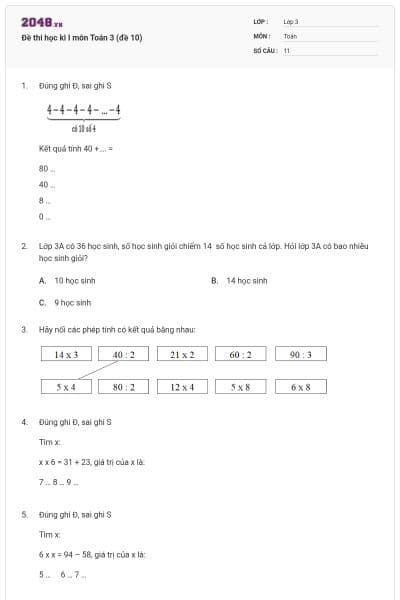 Đề thi học kì I môn Toán 3 (đề 10)