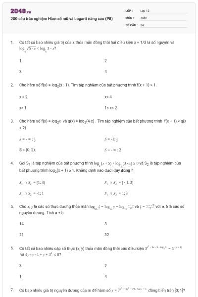 200 câu trắc nghiệm Hàm số mũ và Logarit nâng cao (P8)