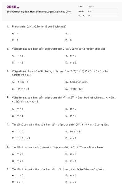 200 câu trắc nghiệm Hàm số mũ và Logarit nâng cao (P6)
