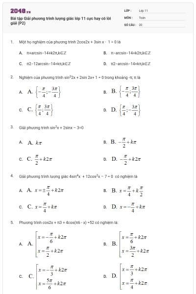 Bài tập Giải phương trình lượng giác lớp 11 cực hay có lời giải (P2)