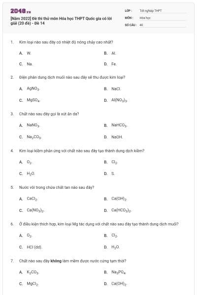 [Năm 2022] Đề thi thử môn Hóa học THPT Quốc gia có lời giải (20 đề) - Đề 14