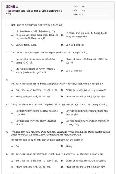 Trắc nghiệm: Nghị luận về một sự việc, hiện tượng đời sống