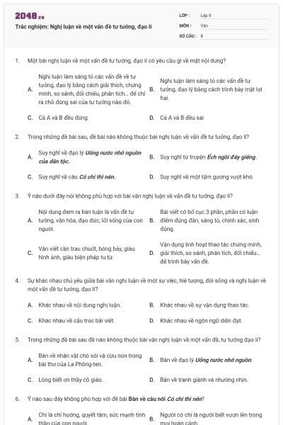 Trắc nghiệm: Nghị luận về một vấn đề tư tưởng, đạo lí