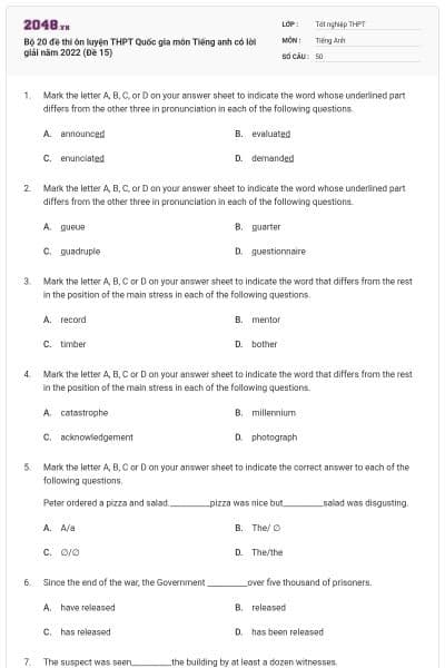 Bộ 20 đề thi ôn luyện THPT Quốc gia môn Tiếng anh có lời giải năm 2022 (Đề 15)