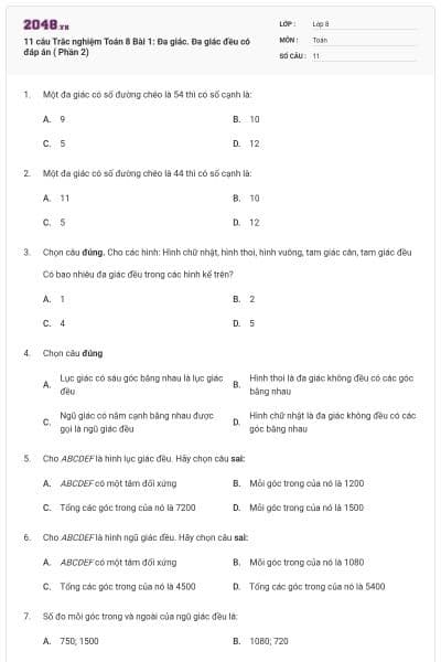 11 câu Trắc nghiệm Toán 8 Bài 1: Đa giác. Đa giác đều có đáp án ( Phần 2)