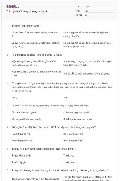 Trắc nghiệm Trường từ vựng có đáp án