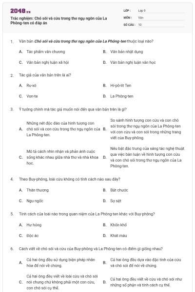 Trắc nghiệm: Chó sói và cừu trong thơ ngụ ngôn của La Phông-ten có đáp án