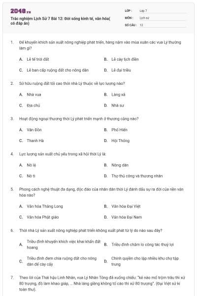Trắc nghiệm Lịch Sử 7 Bài 12: Đời sống kinh tế, văn hóa( có đáp án)