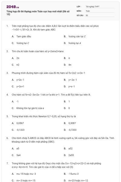 Tổng hợp đề thi thptqg môn Toán cực hay mới nhất (Đề số 10)