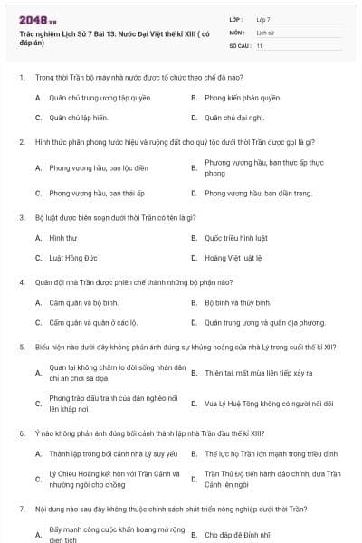 Trắc nghiệm Lịch Sử 7 Bài 13: Nước Đại Việt thế kỉ XIII ( có đáp án)