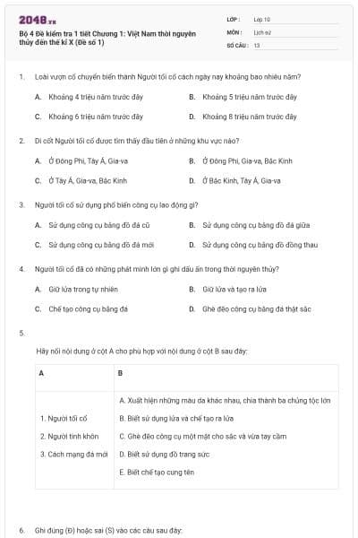 Bộ 4  Đề kiểm tra 1 tiết Chương 1: Việt Nam thời nguyên thủy đến thế kỉ X (Đề số 1)