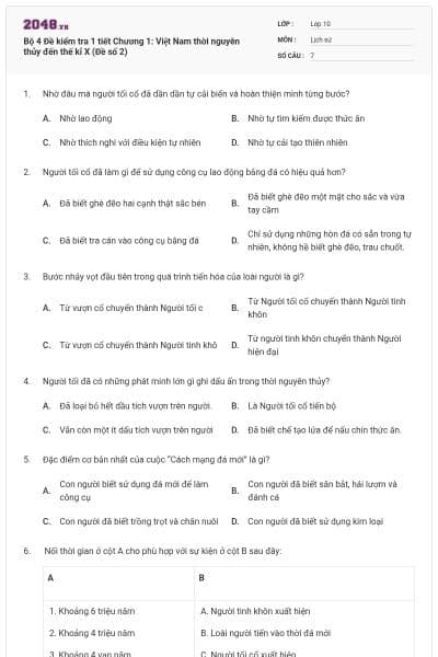 Bộ 4  Đề kiểm tra 1 tiết Chương 1: Việt Nam thời nguyên thủy đến thế kỉ X (Đề số 2)