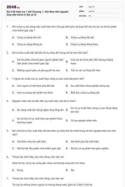 Bộ 4  Đề kiểm tra 1 tiết Chương 1: Việt Nam thời nguyên thủy đến thế kỉ X (Đề số 4)