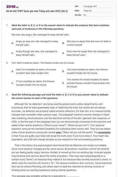 Đề thi thử THPT Quốc gia môn Tiếng anh năm 2022 (Đề 2)