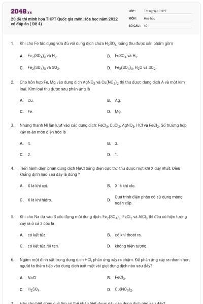 20 đề thi minh họa THPT Quốc gia môn Hóa học năm 2022 có đáp án ( Đề 4)