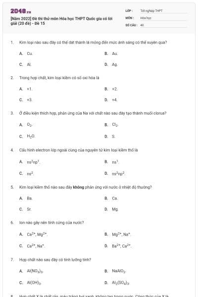 [Năm 2022] Đề thi thử môn Hóa học THPT Quốc gia có lời giải (20 đề) - Đề 15