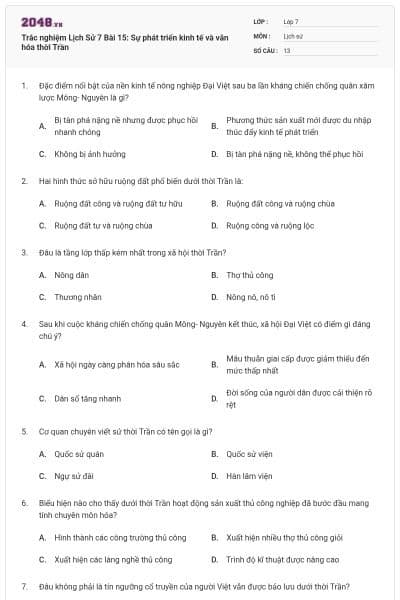 Trắc nghiệm Lịch Sử 7 Bài 15: Sự phát triển kinh tế và văn hóa thời Trần